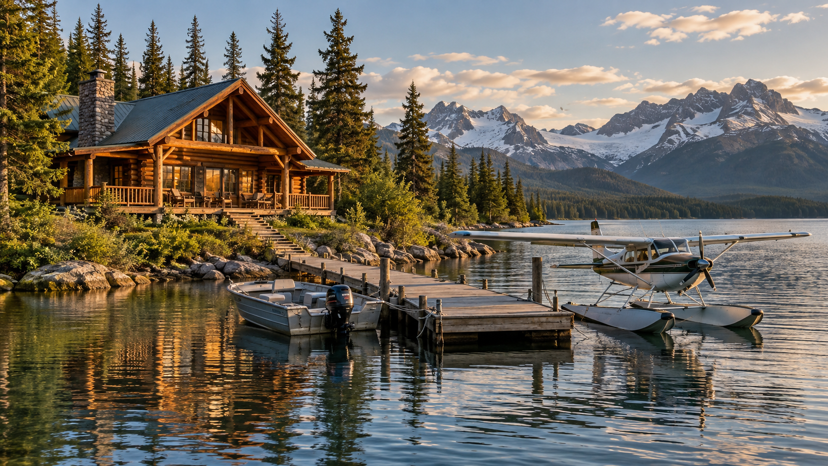 Illustrated Alaska lakeside log cabin with a boat and floatplane at its dock
